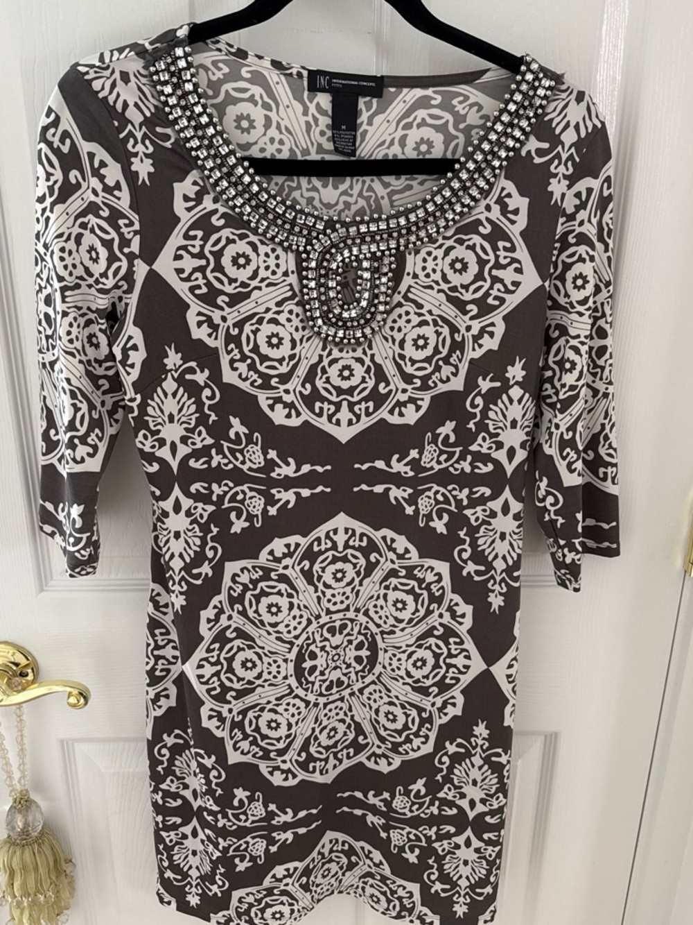 INC International Concepts Petite Gray & White Embellished Neckline Top